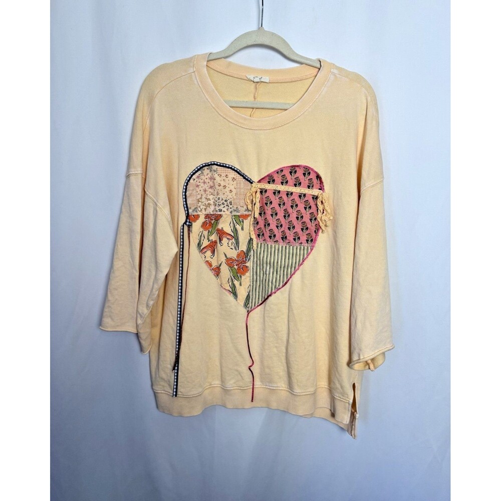 EASEL Size L Oversized Mineral Washed BOHO Heart Patch Top 100% Cotton - PEACH - Picture 3 of 10